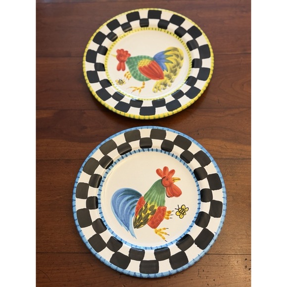 Present Tense Home Artistry Other - Set of 2 Present Tense Anne Hathaway Rooster Plates Black White Checker Rim